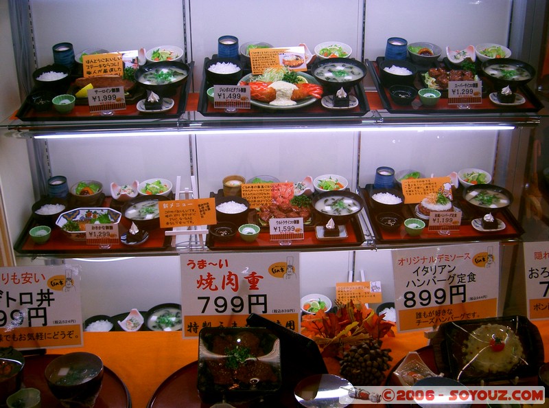 Plats en plastique en vitrine des restaurants
Mots-clés: Nourriture